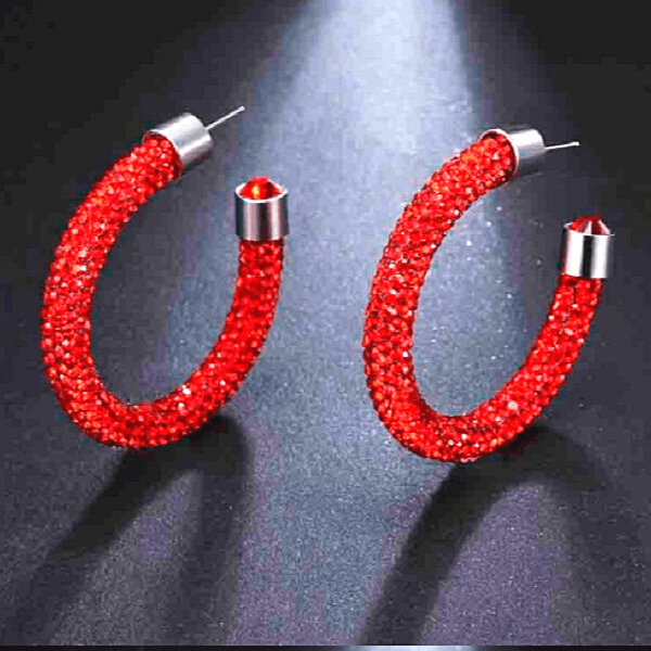 Red Sparkling Rhinestone Hoop End Gem Hoop Earrings - Ella Moore
