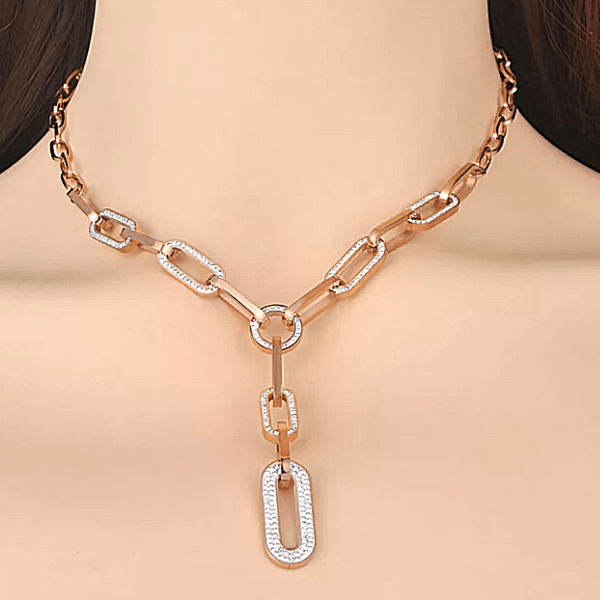 Shimmering Rhinestone Titanium/ Rose Gold Chain Link Necklace