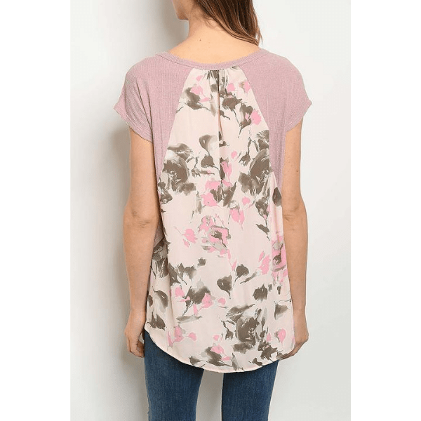 Dusty Rose Pink Floral Flower Ruffle Women Short Sleeves TShirt Top Blouse- Ella Moore
