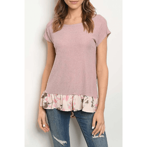 Dusty Rose Pink Floral Flower Ruffle Women Short Sleeves TShirt Top Blouse- Ella Moore