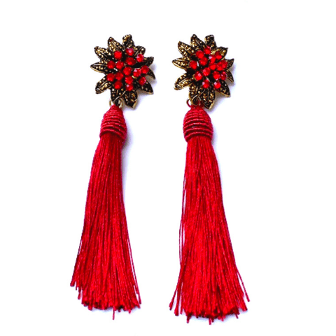 Royal Red Rhinestone Flower Tassel Drop Danging Earrings - Ella Moore
