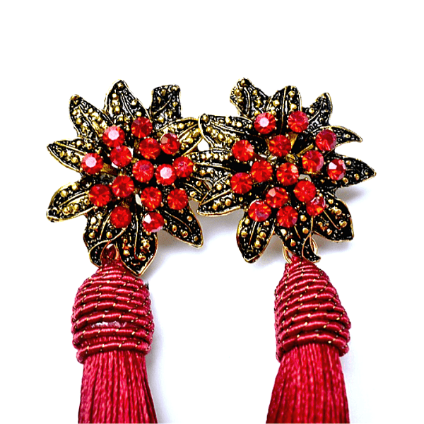Royal Red Rhinestone Flower Tassel Drop Danging Earrings - Ella Moore