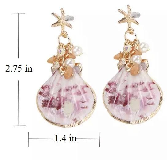 Seashell & Starfish Orange Natural Stone Pearl Tassel Dangling Drop Gold Earrings  - Ella Moore