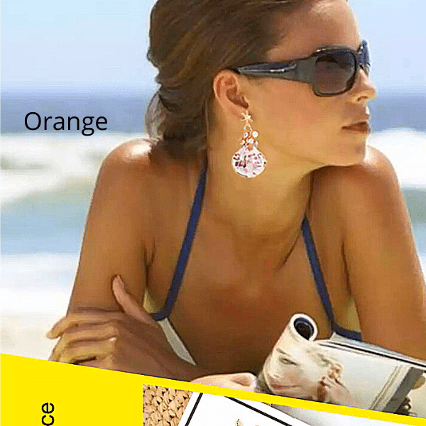 Seashell & Starfish Orange Natural Stone Pearl Tassel Dangling Drop Gold Earrings  - Ella Moore