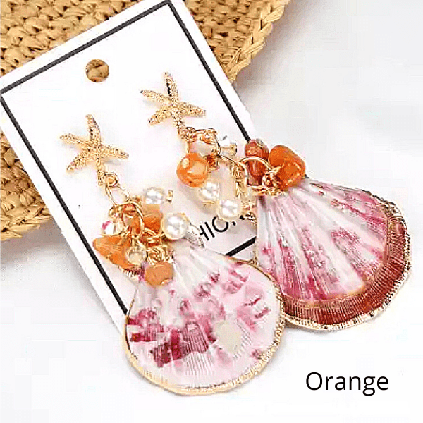 Seashell & Starfish Orange Natural Stone Pearl Tassel Dangling Drop Gold Earrings  - Ella Moore