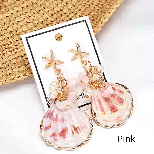 Seashell & Starfish Pink Natural Stone Pearl Tassel Dangling Drop Gold Earrings  - Ella Moore