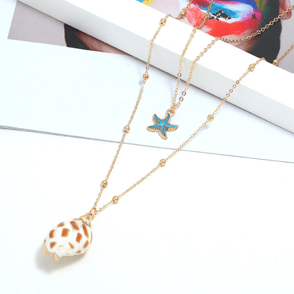 White & Brown Seashell & Turquoise Starfish Necklace - Ella Moore