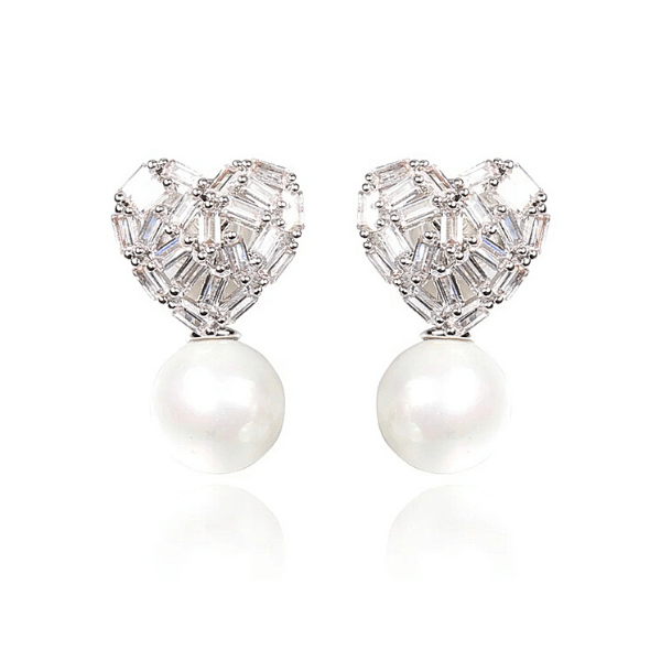 Silver CZ Pearl Heart Shaped Women Clip On Earrings