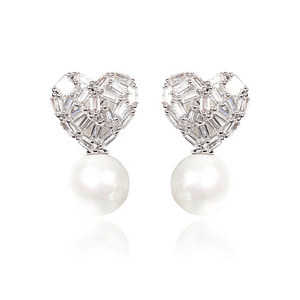Silver CZ Pearl Heart Shaped Women Clip On Earrings