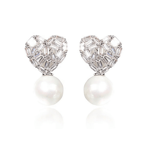 Silver CZ Pearl Heart Shaped Women Clip On Earrings