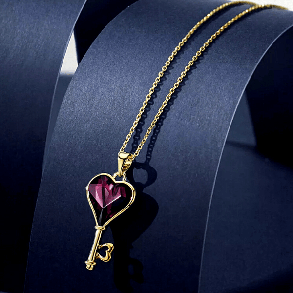 Luxurious Swarovski Purple Crystal Key Heart Gold Necklace - Ella Moore