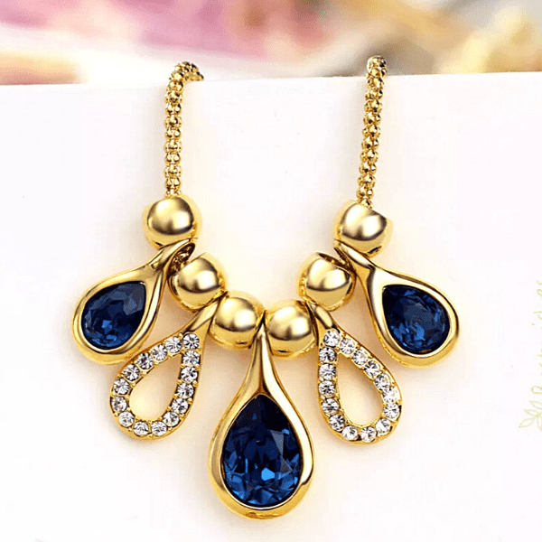 Swarovski Royal Blue Crystal Tear Drop Gold Necklace