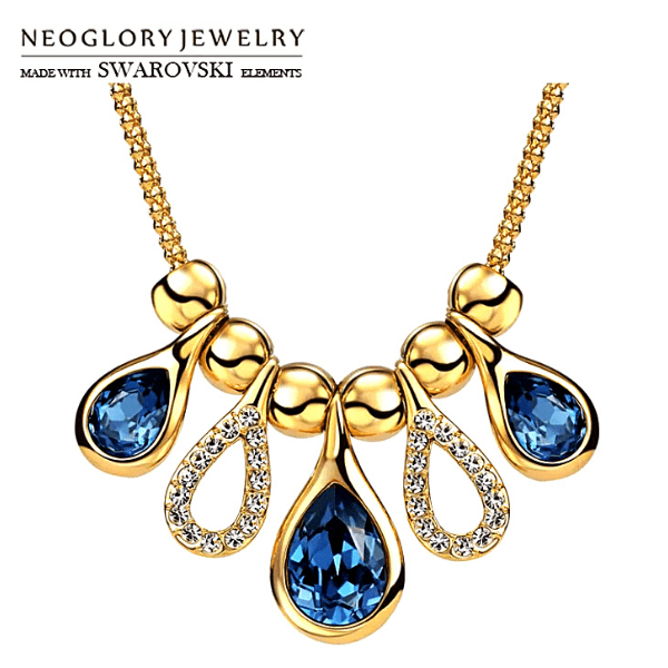 Swarovski Royal Blue Crystal Tear Drop Gold Necklace