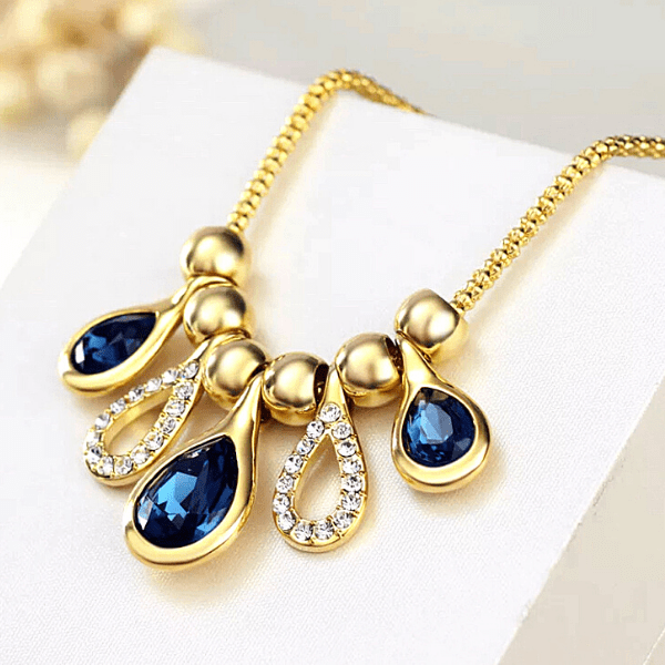 Swarovski Royal Blue Crystal Tear Drop Gold Necklace