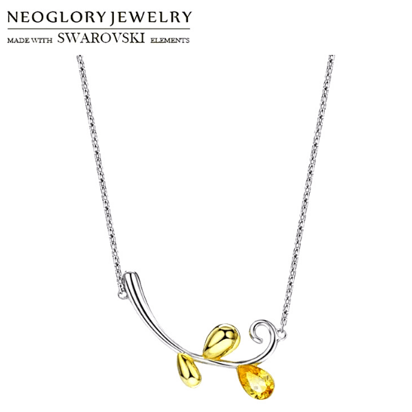 Yellow Crystal Flower Branch Leaf Silver Necklace - Ella Moore