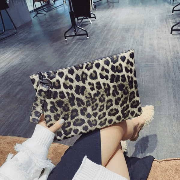 Tan Large Leopard Pouch Clutch with Wrist Strip - Ella Moore