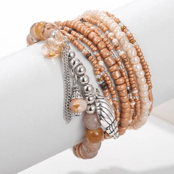 Tan Natural Stone Shell Crystal Tassel Charm Beaded Bracelets - Ella Moore