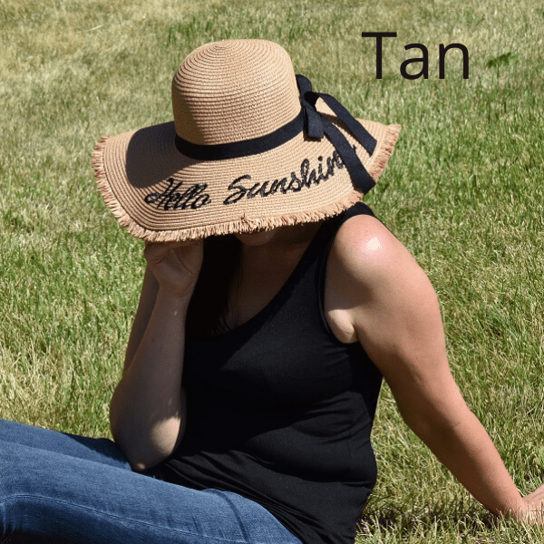 Tan  Women Wide Brim Embroidered Hello Sunshine Beach Floppy Summer Vacation Sun Hat - Ella Moore