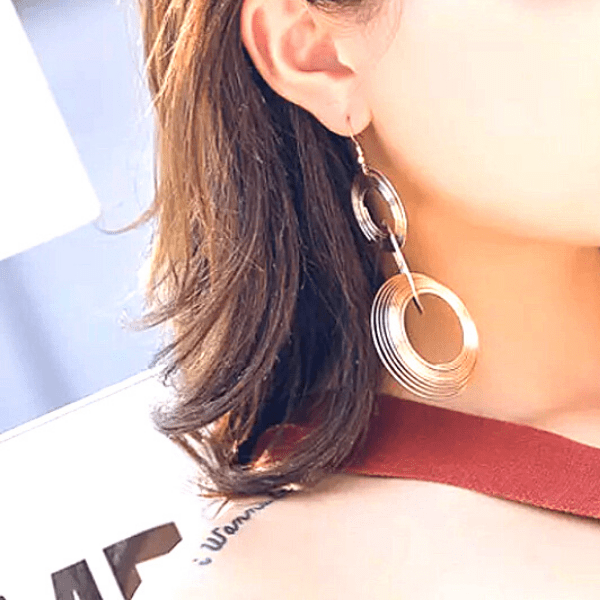 Large Gold Triple Multilayered Ring Dangling Earrings
