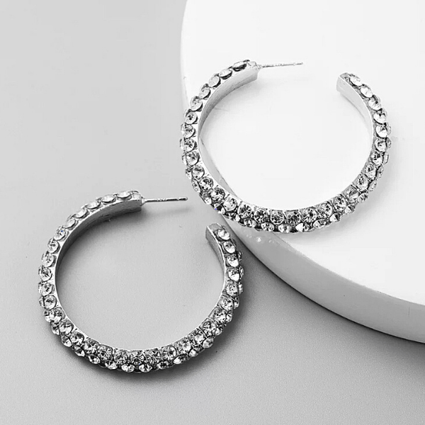 White Clear Silver  C-shaped Gold Rhinestone Hoop Silver Earrings - Ella Moore