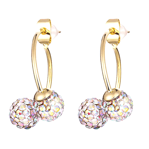 White Iridescent Double Rhinestone Disco Ball Gold Hoop Earrings - Ella Moore