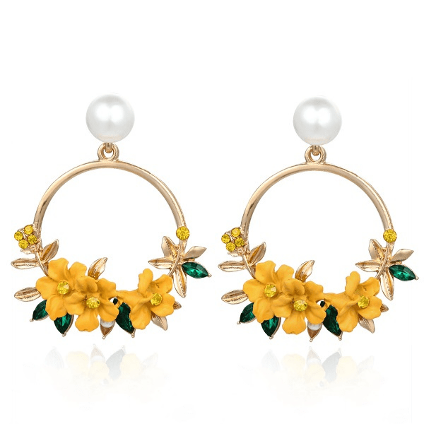 Yellow Flower and Pearl Gold Hoop Earrings - Ella Moore