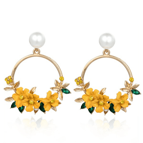 Yellow Flower and Pearl Gold Hoop Earrings - Ella Moore