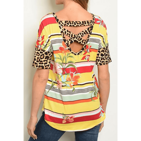 Yellow & Red Floral Leopard Print Open Back Women Top -  Ella Moore