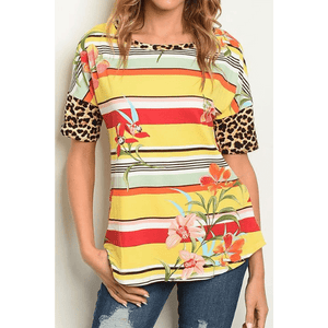 Yellow & Red Floral Leopard Print Open Back Women Top -  Ella Moore