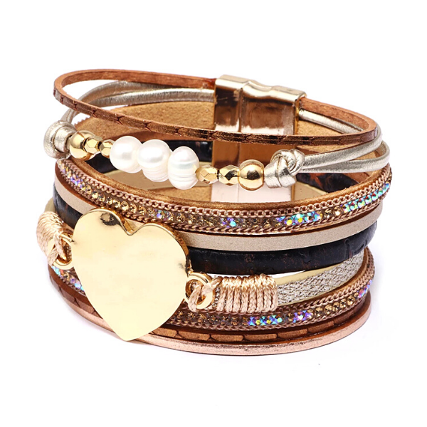 Beige Radiant Crystal, Pearl & Heart Leather Charm Bracelet - Ella Moore