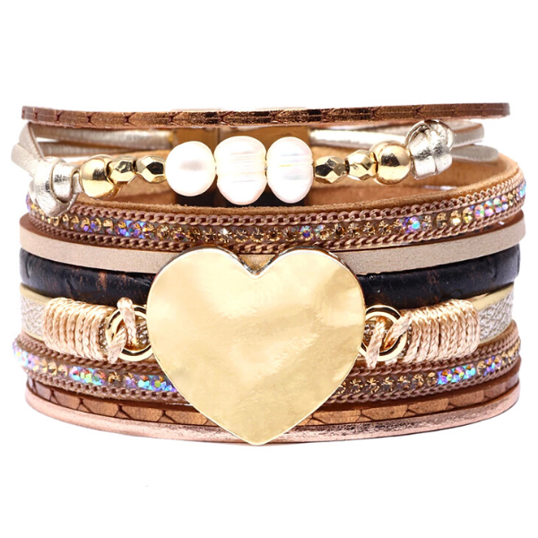 Beige Radiant Crystal, Pearl & Heart Leather Charm Bracelet - Ella Moore