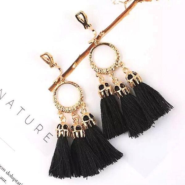 Black Boho-Style Clip On Tassel Earrings - Ella Moore