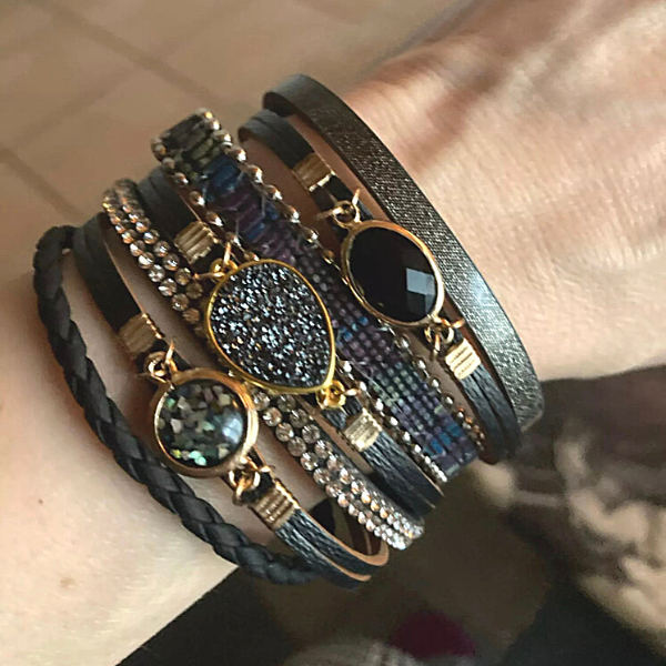 Black Embellished Crystal Druzy Rhinestone Wide Leather Bracelet - Ella Moore