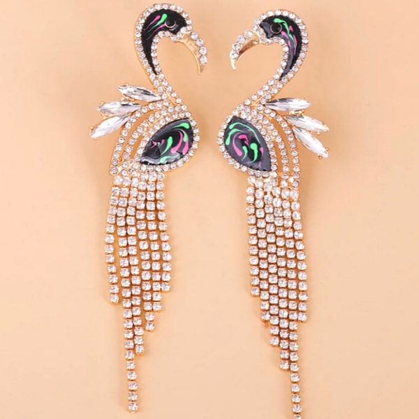 Black Jubilant Flamingo Rhinestone Tassel Earrings - Ella Moore