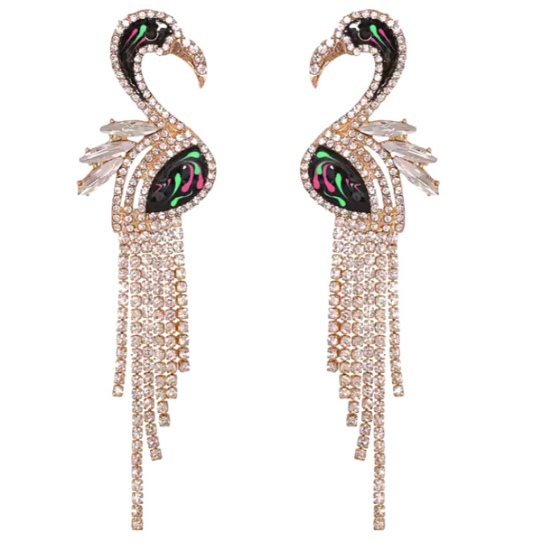 Black Jubilant Flamingo Rhinestone Tassel Earrings - Ella Moore