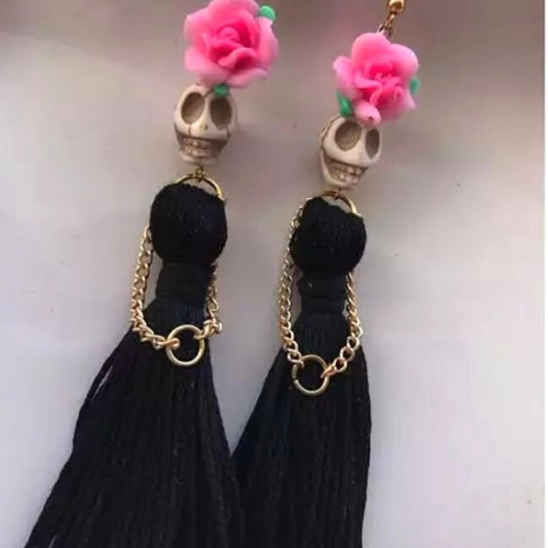 Black  Flower Lady Handmade Tassel Skeleton Skull Earrings - Ella Moore