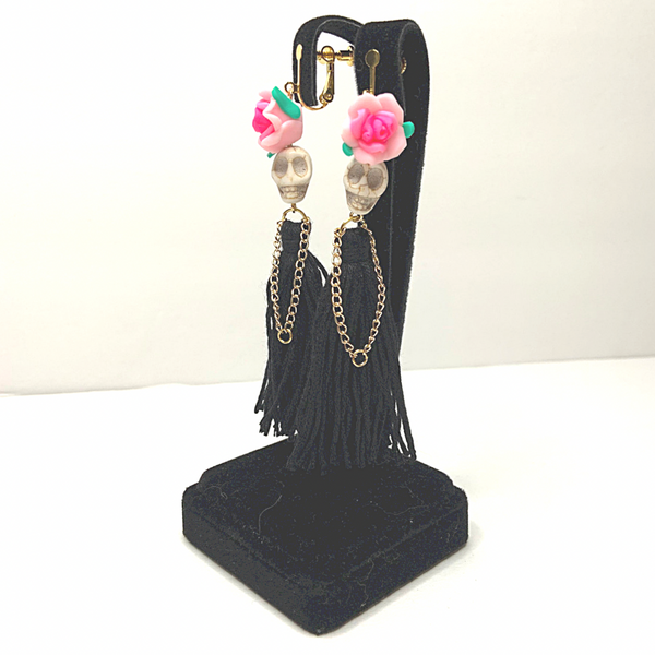 Black Flower Lady Handmade Tassel Skull Skeleton Clip On Earrings - Ella Moore