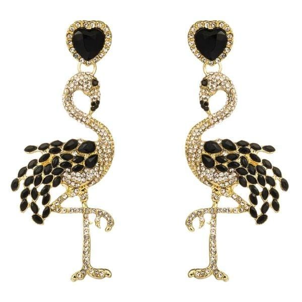Fun Festive Black Gold Large Rhinestone Women Dangle Drop Flamingo Earrings - Ella Moore