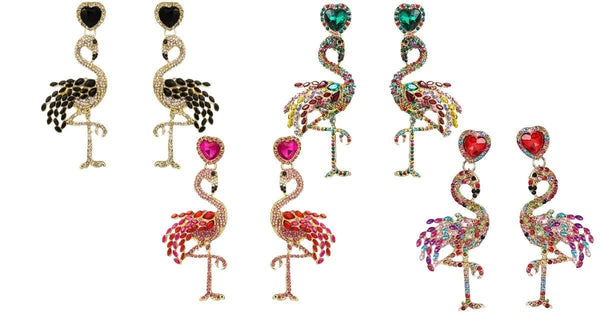 Fun Festive Black Gold, Pink Gold, Colorful Green, Colorful Pink Large Rhinestone Women Dangle Drop Flamingo Earrings - Ella Moore