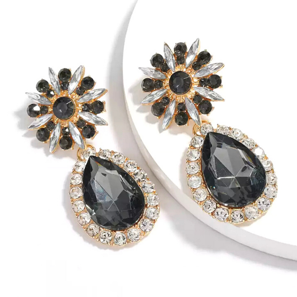 Black Large Bold Glamorous Colorful Rhinestone Teardrop Earrings - Ella Moore