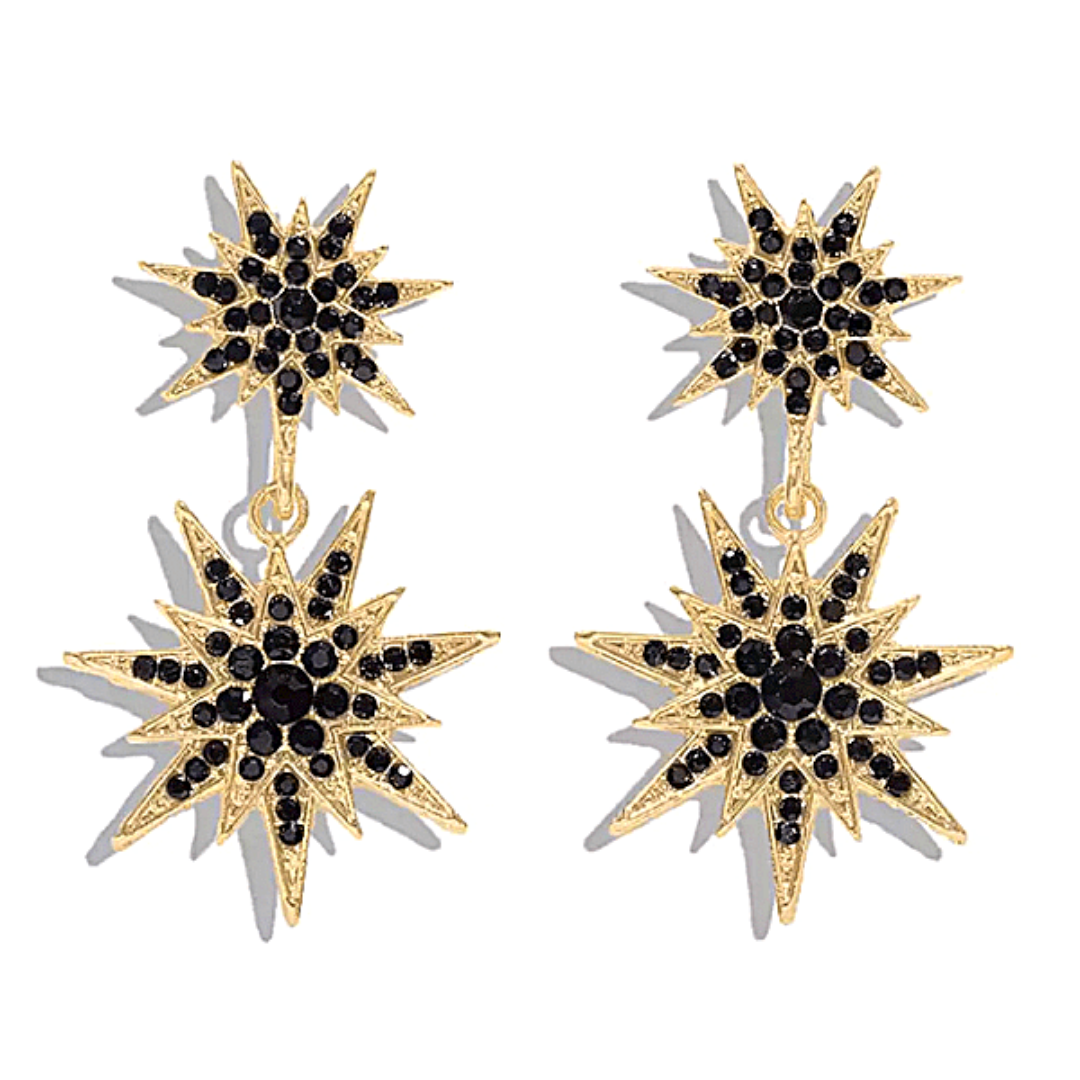 Black Radiant Rhinestone Double Snowflake Star Dangling Earrings - Ella Moore