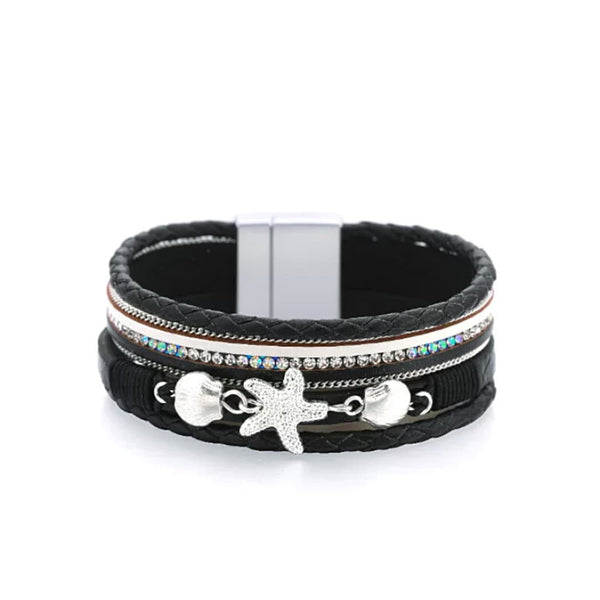 Black Rhinestone Seashell and Starfish Wrap Leather Bracelet - Ella Moore