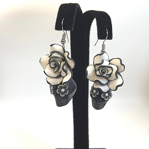 Black and White Handmade Flower Skull Earrings - Ella Moore