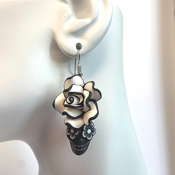 Black and White Handmade Flower Skull Earrings - Ella Moore