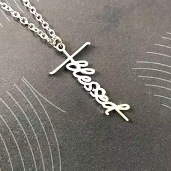 Blessed Uplifting Words Stainless Steel Cross Necklace - Ella Moore