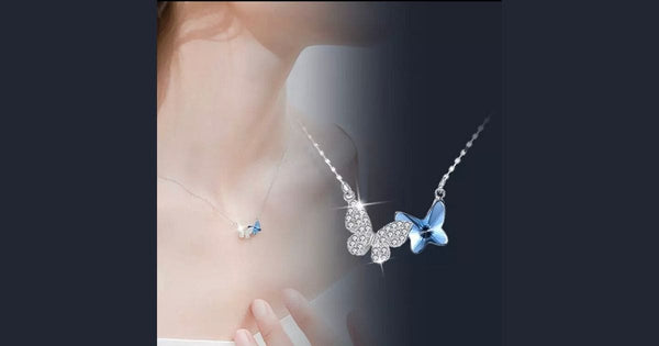 Delicate Blue Austrian Crystal Double Butterfly Sterling Silver Necklace-Ella Moore