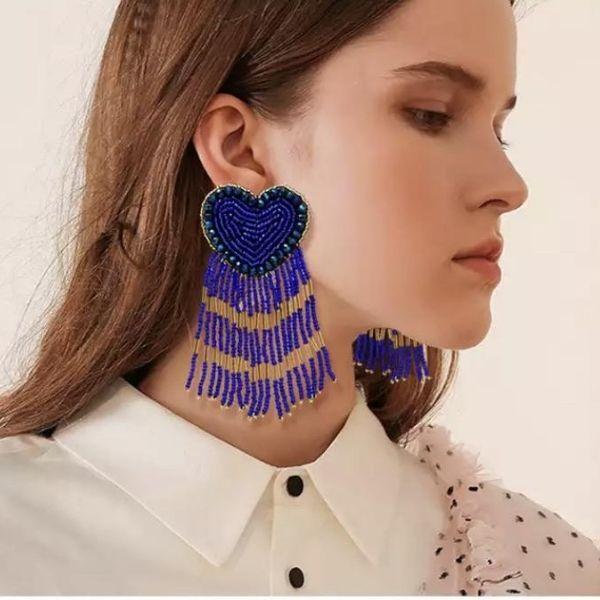 Blue Sassy Bold Beaded Tassel Dangle Heart Earrings - Ella Moore