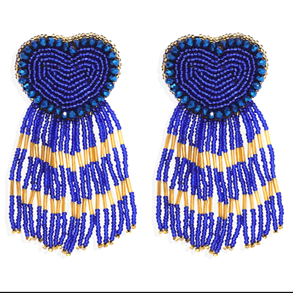 Blue  Sassy Bold Beaded Tassel Dangle Heart Earrings - Ella Moore