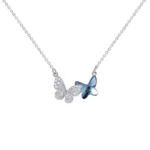 Delicate Blue Austrian Crystal Double Butterfly Sterling Silver Necklace-Ella Moore