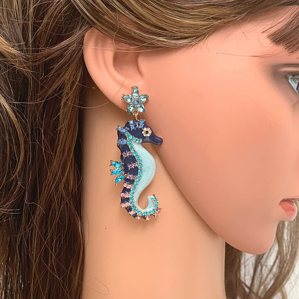Playful Shimmering Blue CZ Sea Horse Earrings - Ella Moore